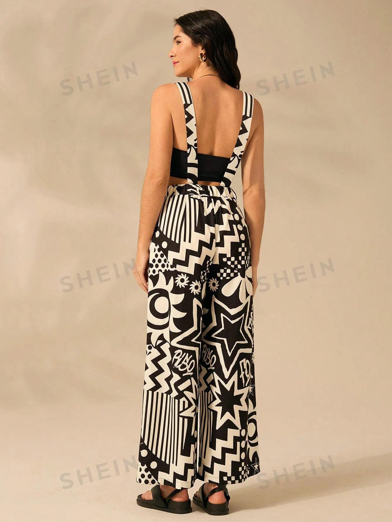 CAJUNI Sun And Star Printed Large Pockets Long-Strap Jumpsuit