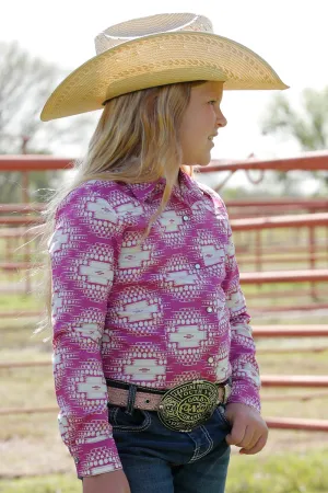 Cinch Girl's Long Sleeve Shirt - Pink Geometric Print