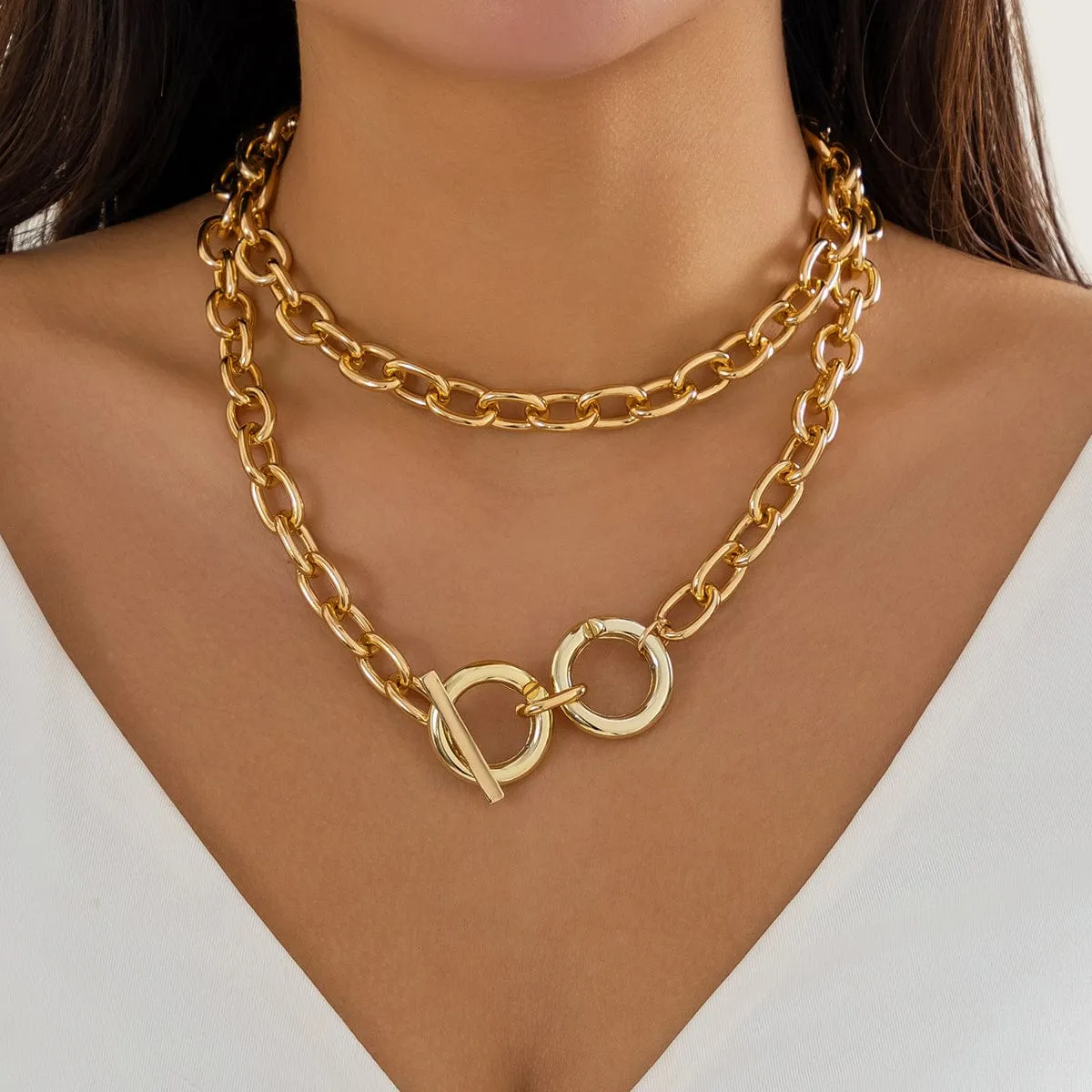 Geometric Toggle Clasp Ring Pendant Cable Chain Necklace Set
