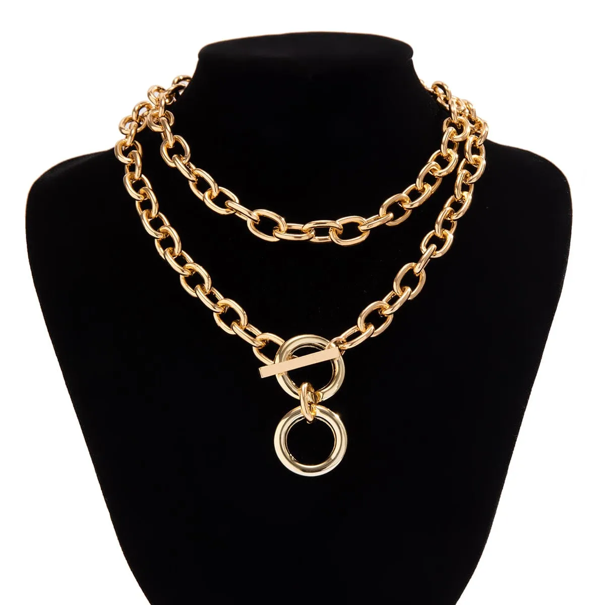 Geometric Toggle Clasp Ring Pendant Cable Chain Necklace Set
