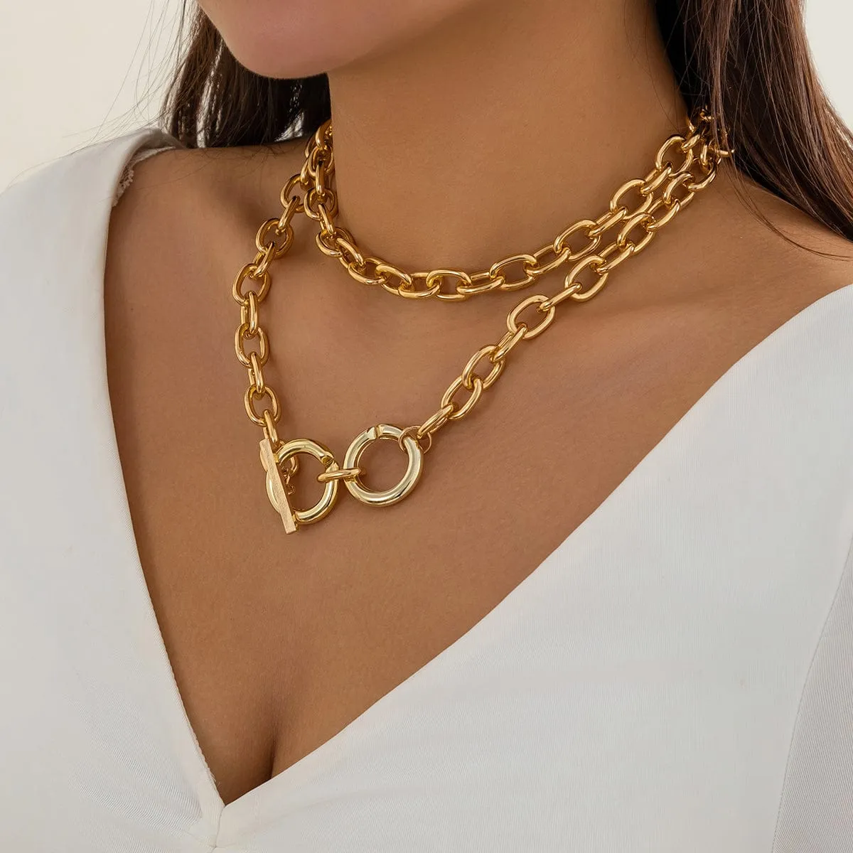 Geometric Toggle Clasp Ring Pendant Cable Chain Necklace Set
