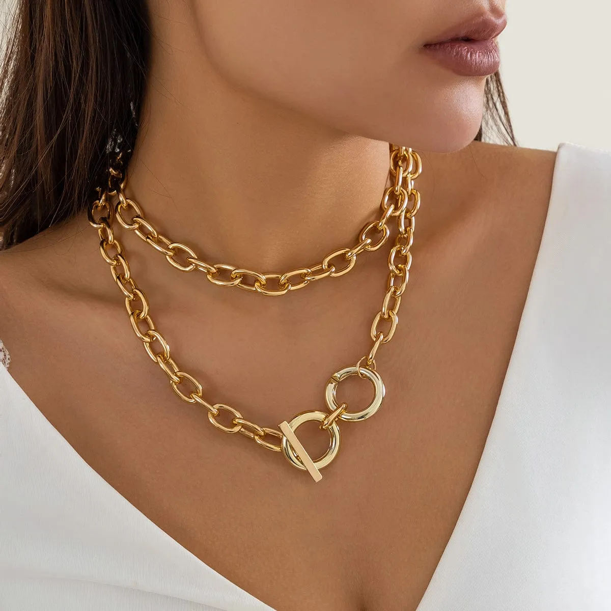 Geometric Toggle Clasp Ring Pendant Cable Chain Necklace Set