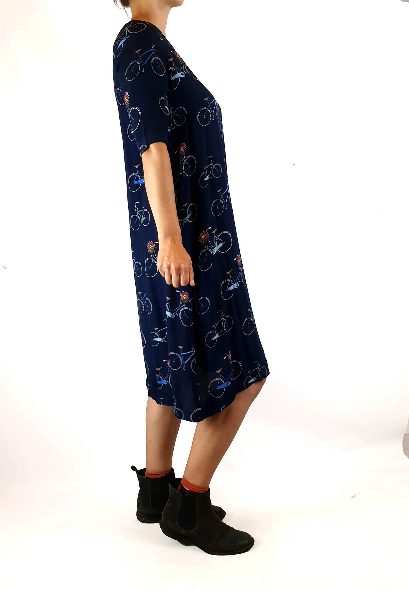 Harvest Lane navy half length sleeve dress with bicycle print size 8