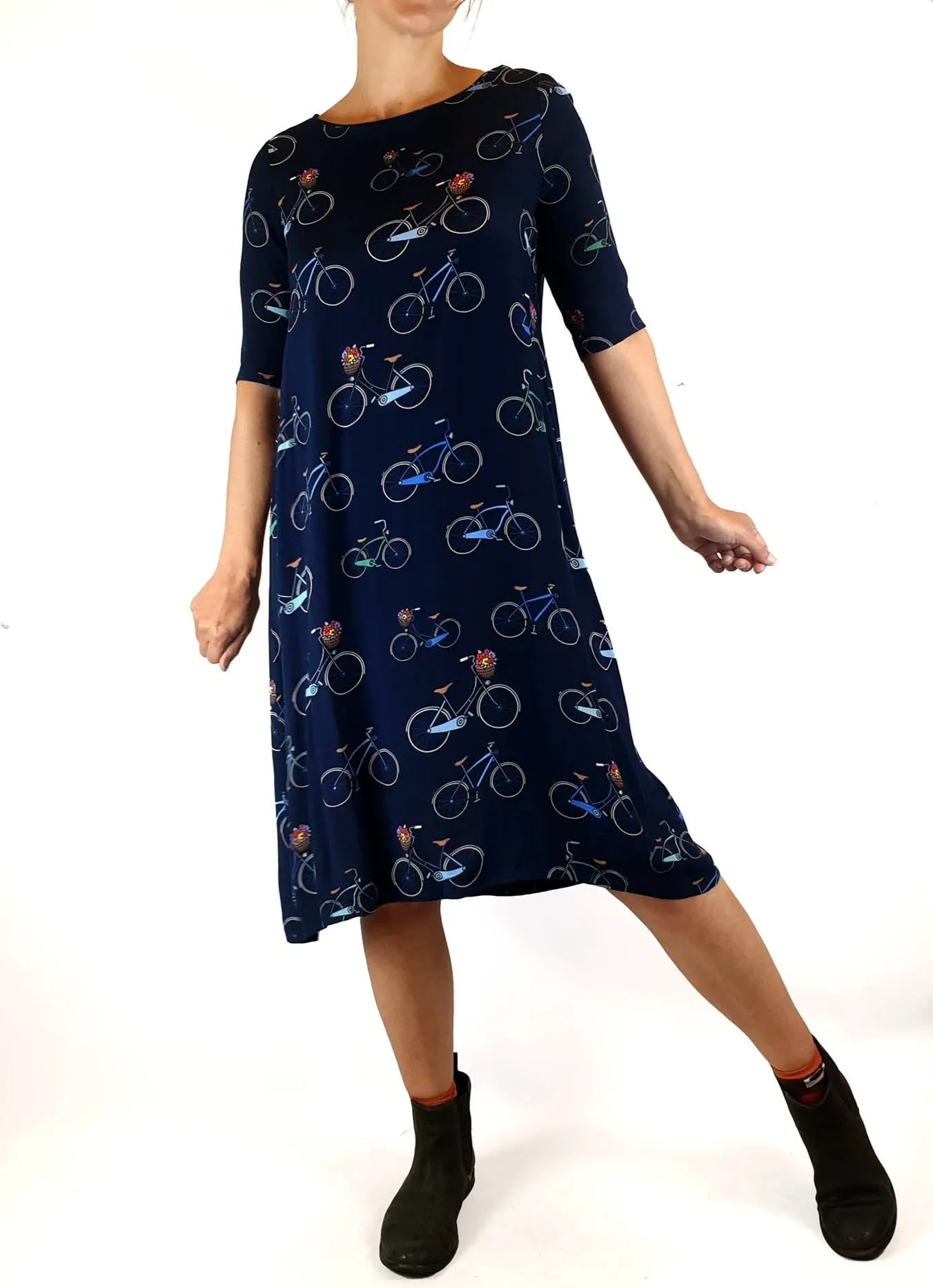 Harvest Lane navy half length sleeve dress with bicycle print size 8