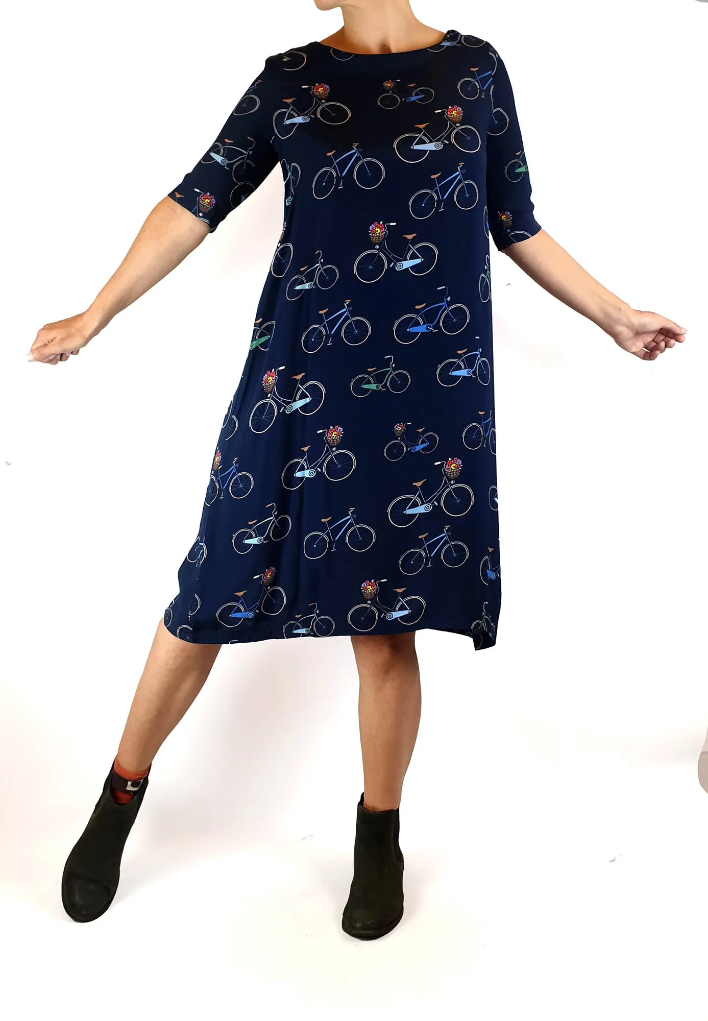 Harvest Lane navy half length sleeve dress with bicycle print size 8