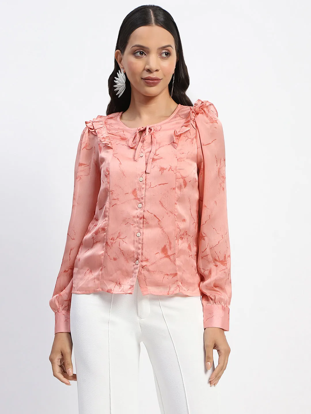 Madame Abstract Print Tie Neck Button Down Peach Top
